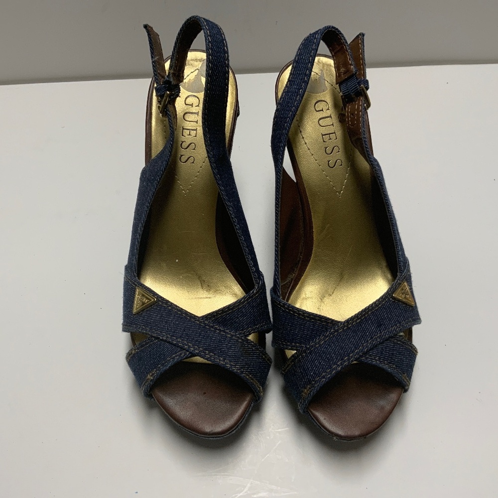 Guess Denim Blue Crisscross Wedge Sandals
